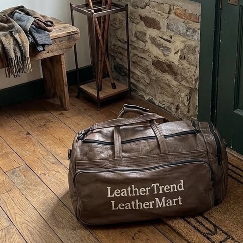 Vintage 80s 90s Brown Leather Duffle Bag Travel Weekender Luggage Retro Gym Bag